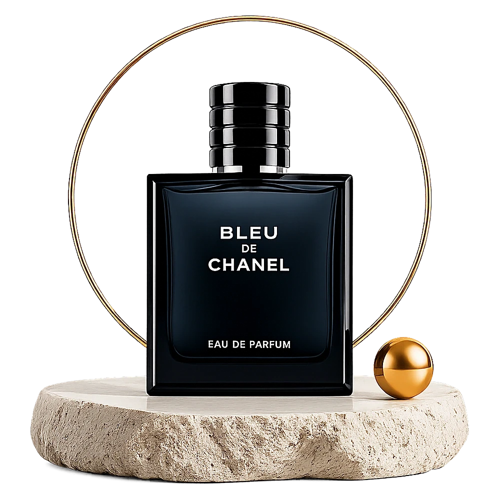 عطور رجالية — قارورة Bleu de Chanel على منصة رخامية بإطار ذهبي