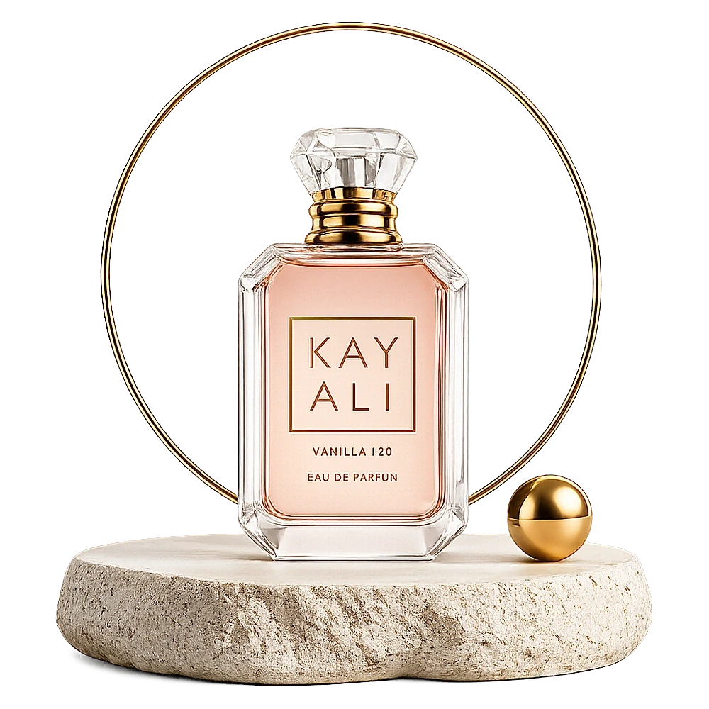 عطور نسائية — قارورة Kayali Vanilla على منصة رخامية بإطار ذهبي