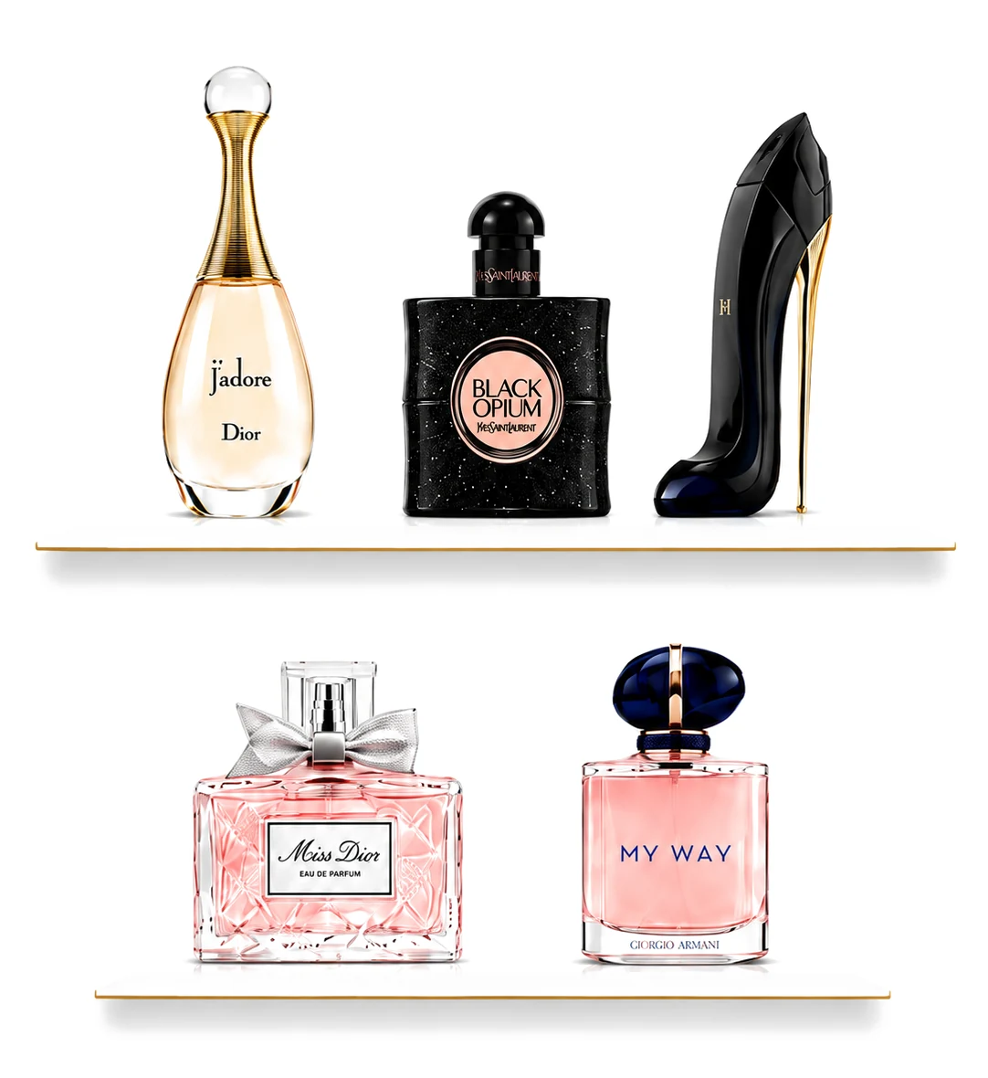 عطور نسائية — رفوف تحمل Dior J'adore وBlack Opium وGood Girl وMiss Dior وArmani My Way