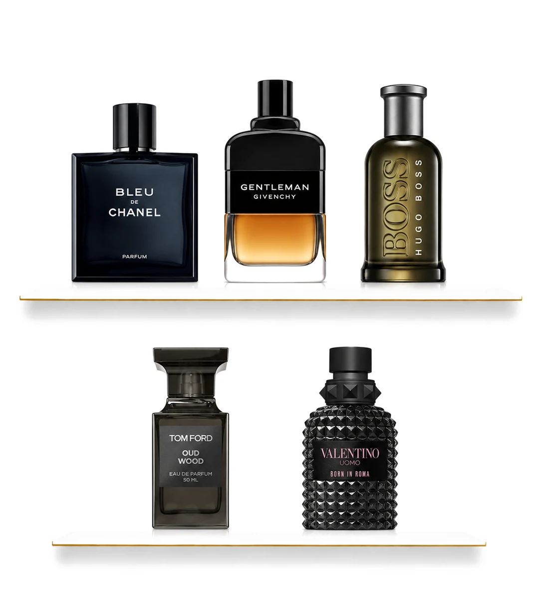 عطور رجالية — رفوف تحمل Bleu de Chanel وGivenchy Gentleman وBoss Bottled وTom Ford Oud Wood وValentino Uomo