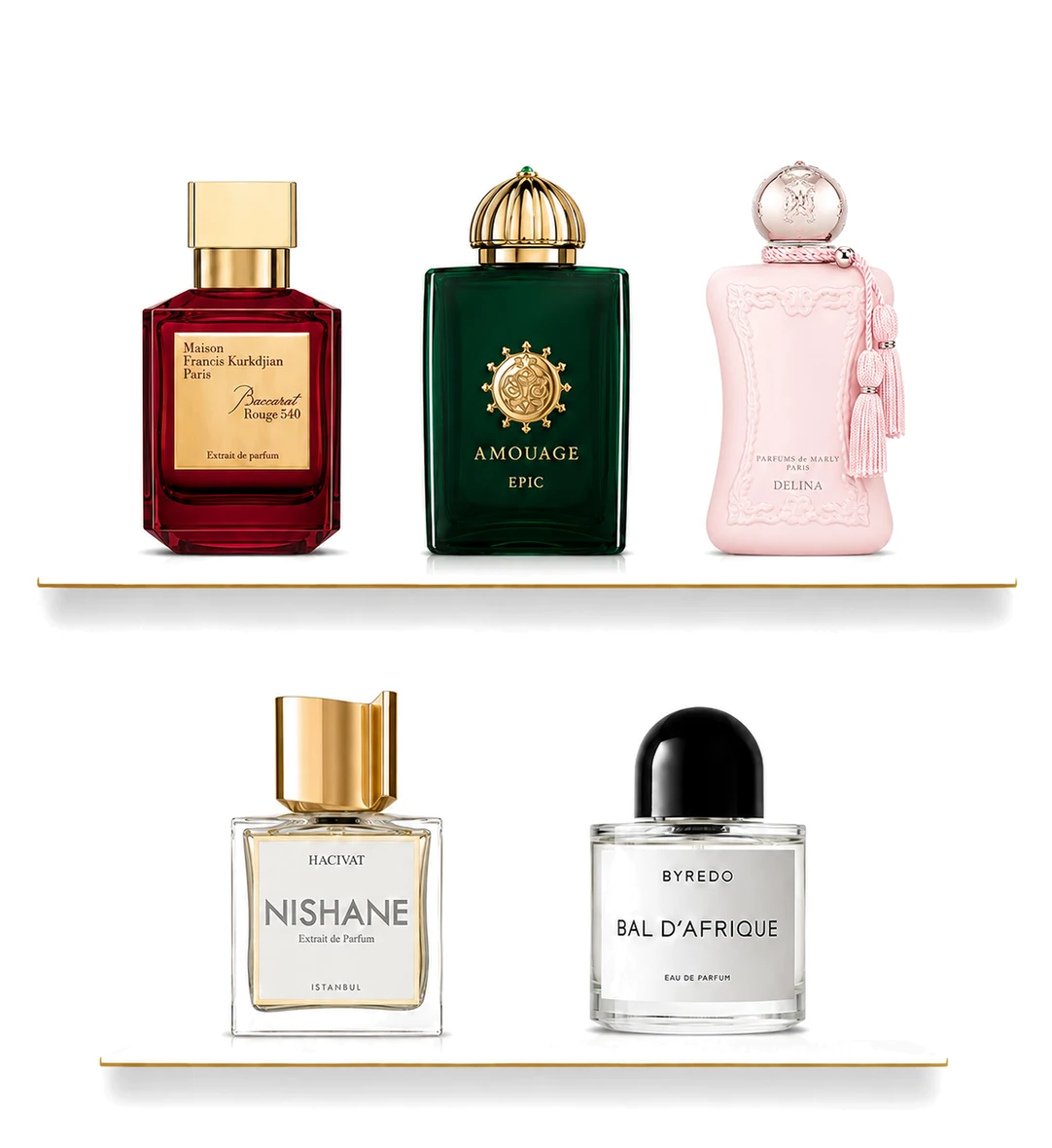 عطور نيش — رفوف تحمل Baccarat Rouge 540 وAmouage Epic وParfums de Marly Delina وNishane Hacivat وByredo Bal d'Afrique